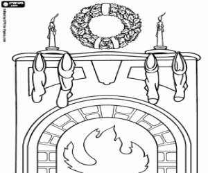 Lit fireplace decorated in Christmas coloring page