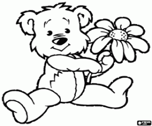 Little bear with a flower coloring page