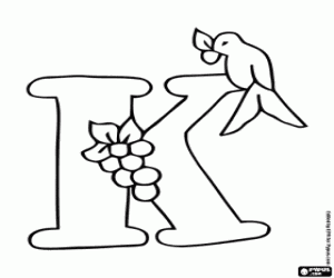 Little bird and fruits with letter K coloring page