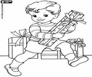 The little boy and Christmas gifts coloring page