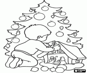 A little boy and the Nativity scene  coloring page