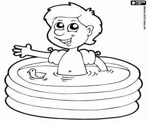 A little boy and the little pool coloring page
