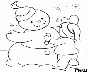 Little boy and snowman coloring page