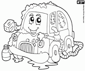 A little car in a car wash coloring page