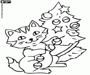 Little cat and Christmas tree coloring page