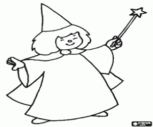 Little fairy with wand and hat coloring page