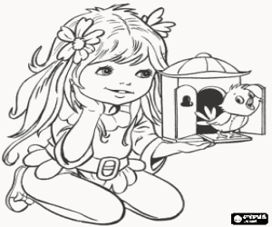 A little girl and the bird sings coloring page