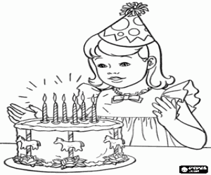 A little girl blowing the candles coloring page
