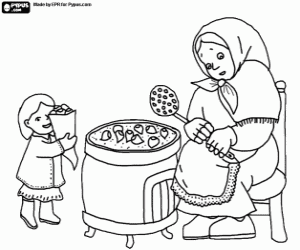 A little girl and a chestnut seller coloring page