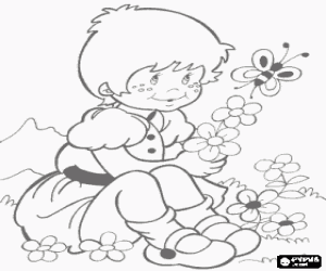 A little girl, daisies and butterfly coloring page
