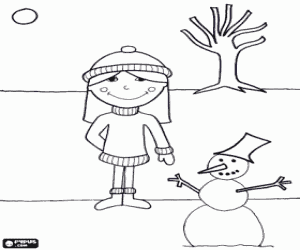 Little girl in the garden in winter coloring page