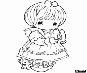 Little girl with a gift in hands coloring page