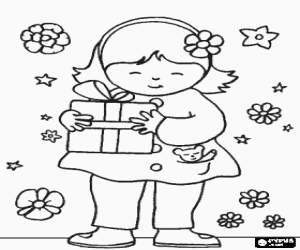 A little girl with a gift for mom coloring page