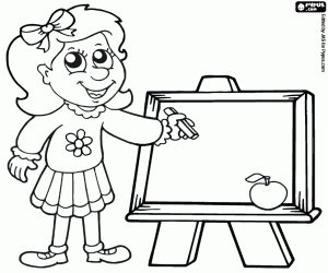 A little girl and a small blackboard coloring page