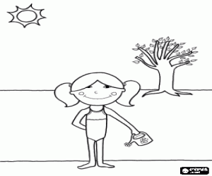 A little girl in a summer scene coloring page