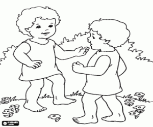 Little girls playing in the garden coloring page