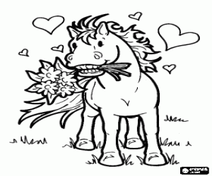 Little horse with flowers and hearts coloring page