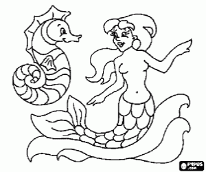 Little mermaid and seahorse coloring page