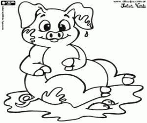 A little pig in the mud coloring page