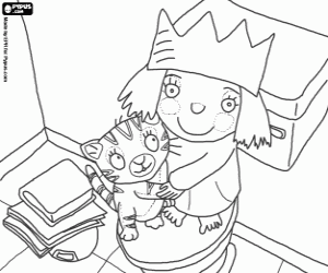 Little Princess and cat in bathroom coloring page
