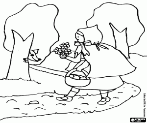 Little Red Riding Hood in forest path coloring page