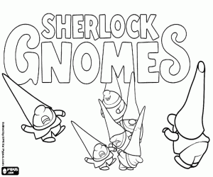 Logo of Sherlock Gnomes with gnomes coloring page