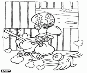 Lola the hen with the broom coloring page