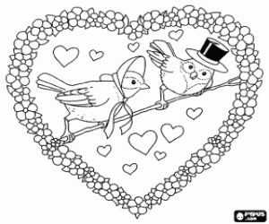Love between birds and a heart coloring page