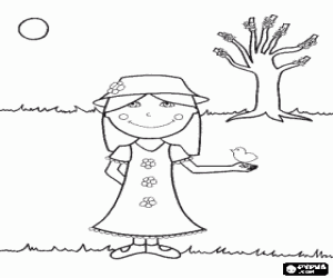 Lttle girl in the garden in spring coloring page