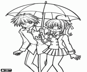 Lucia and Kaito with an umbrella coloring page