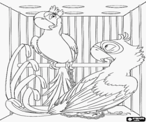 Macaws Blu and Jewel in a cage coloring page