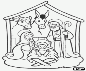 The main scene of the Nativity coloring page