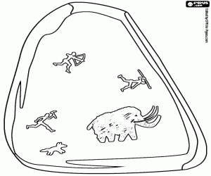 The mammoth hunting, a cave painting coloring page