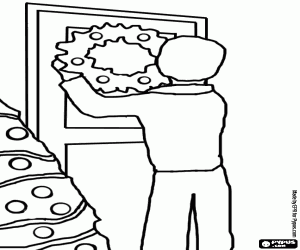 Man and Christmas wreath on a door coloring page