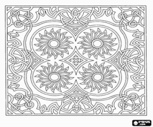 A mandala with four suns coloring page