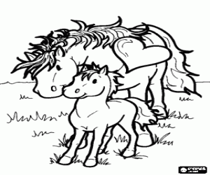 The mare caressing the little horse coloring page
