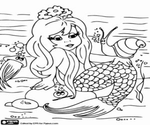 The mermaid sitting under the sea coloring page