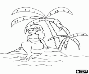 The mermaid on a tropical island coloring page