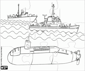 Military ships and submarine puzzle coloring page