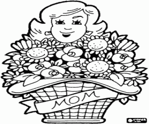 Mom with a beautiful bouquet of flowers coloring page