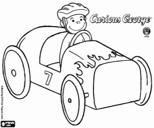 The monkey George in racing car coloring page