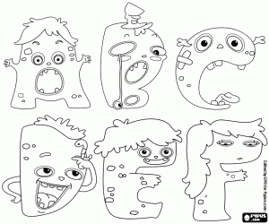 Monstrous alphabet, letters A to F coloring page