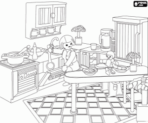 Mother and baby in Playmobil kitchen coloring page