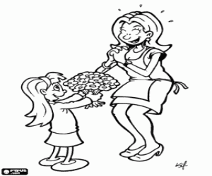 Mother, daughter and a bouquet coloring page