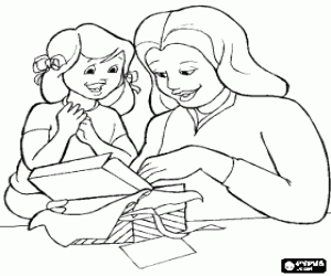 Mother and daughter with the gift coloring page