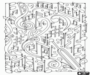 Some musical notes and a tuning fork coloring page