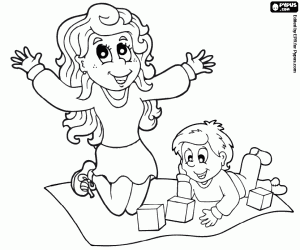 The nanny with a small child coloring page