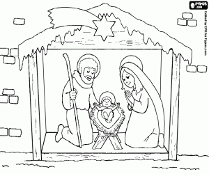 Nativity scene with human statues coloring page