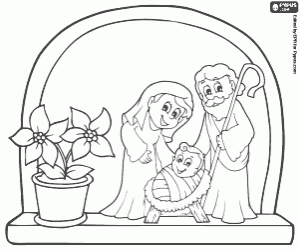 A Nativity scene in the window coloring page