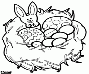 Nest with Easter eggs and bunny coloring page